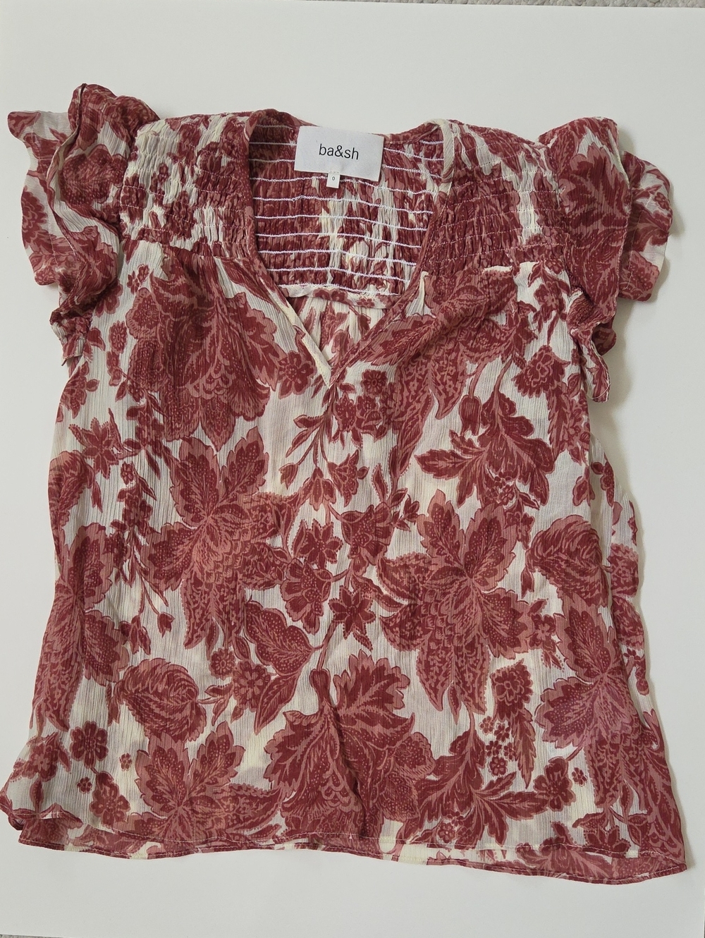 ba&sh Cream and Wine Floral Smocked V-Neck Blouse